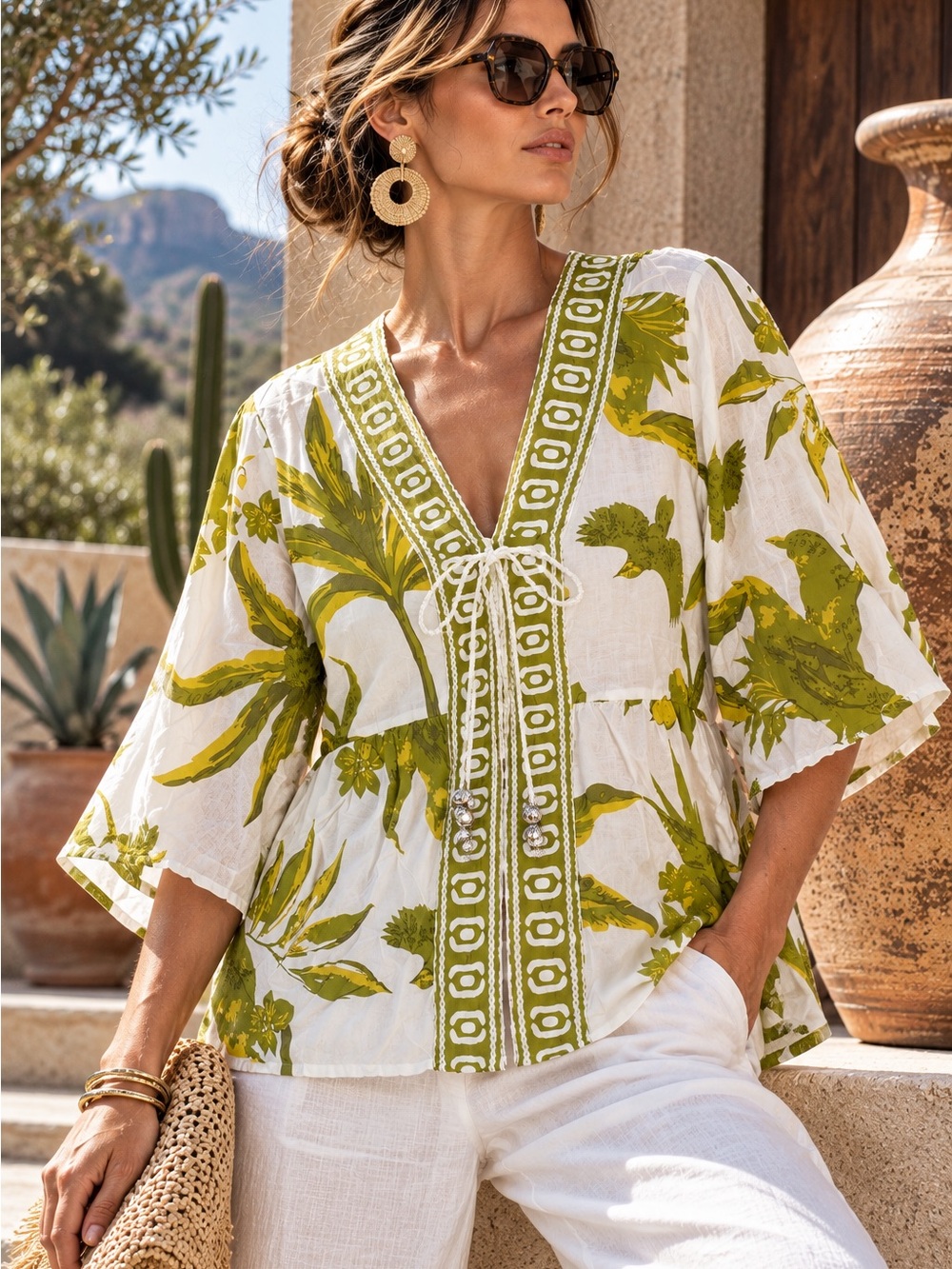 Mlle Gabrielle Tropical Floral Bird Print Beaded Tassel Tie Front Tunic Top Boho